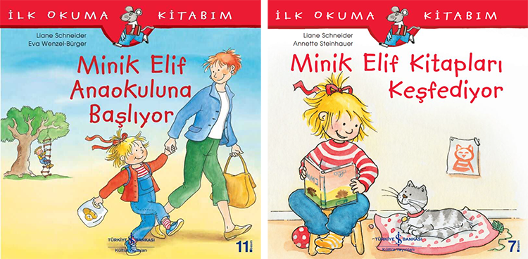 Anaokuluna başlayan ve kitap keşfeden Elif'i gösteren iki renkli çocuk kitabı kapağı yan yana duruyor; bu görsel, farklı yaş gruplarına özel çocuk kitapları önerileri sunan yazıdaki popüler Elif kitapları serisini yansıtıyor.