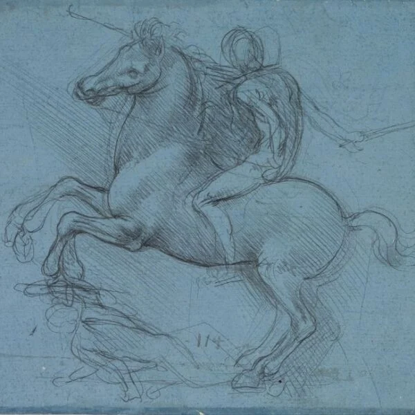 Leonardo da Vinci'nin eserleri arasında yer alabilecek, şaha kalkmış bir at üzerindeki kaslı, mızraklı bir adamı ve altında yerde yatan figürü gösteren, detaylı gölgelendirmelere sahip etkileyici bir karakalem eskiz; muhtemelen bir savaş sahnesi için ön çalışma.