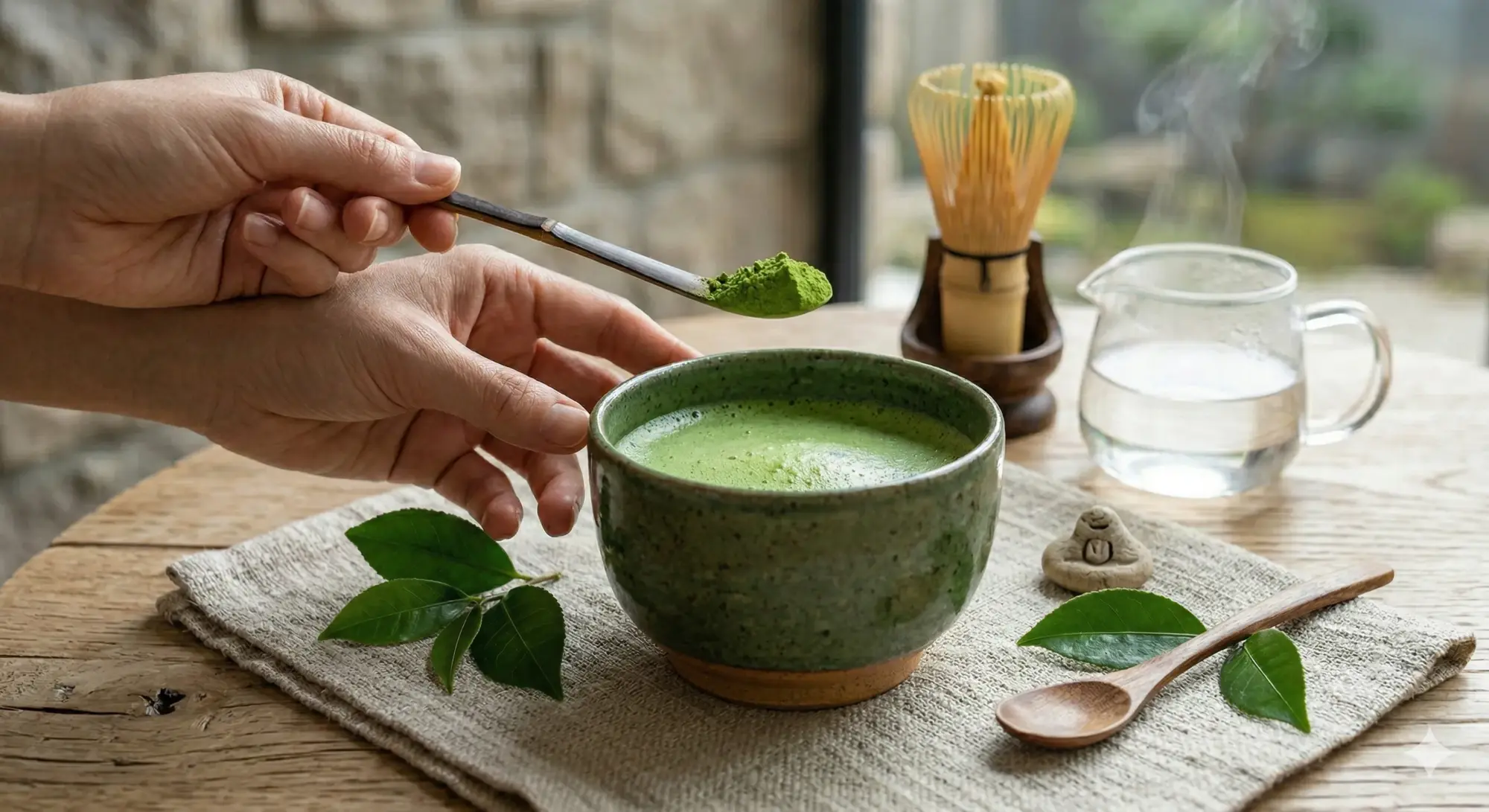 Seramik bir kasede hazırlanan matcha çayı; kaşıkla eklenen yeşil matcha tozu, yanında bambu çırpıcı, cam sürahide sıcak su ve doğal ahşap zemin üzerinde sakin bir ritüel atmosferi.
