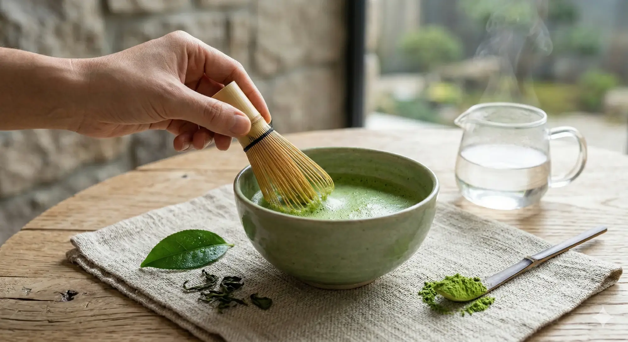 Bambu çırpıcıyla seramik kasede köpürtülen matcha çayı; yanında sıcak su dolu cam sürahi ve doğal keten zemin üzerinde huzurlu bir çay hazırlama ritüeli.