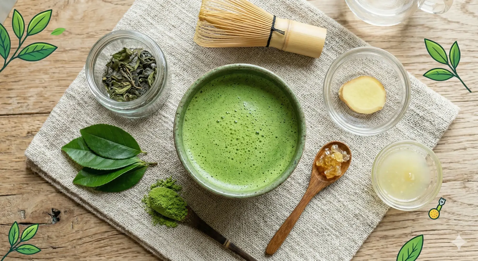 Üstten çekilmiş kompozisyonda seramik kasede köpüklü matcha; yanında bambu çırpıcı, matcha tozu, taze yeşil çay yaprakları, zencefil dilimi ve bal ile doğal keten zemin üzerinde bütünsel bir çay ritüeli.