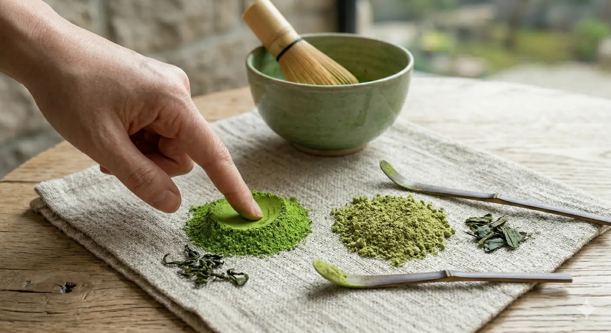 Keten zemin üzerinde farklı formlarda matcha tozu; bir parmak iziyle dokunulan ince öğütülmüş matcha, yanında daha iri öğütülmüş yeşil çay ve bambu çırpıcılı kaseyle doğal ve duyusal bir detay çekimi.