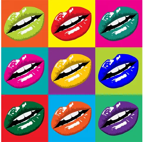 Pop Art akımının enerjik ve renkli estetiğini yansıtan bu görselde, dokuz farklı canlı renkli fona sahip bölmelerde, her biri ayrı tonlarda boyanmış parlak ve stilize dudaklar tekrarlanarak tüketim kültürünün göz alıcı yüzünü ve gündelik nesnelerin sanatsal ifadesini vurguluyor.