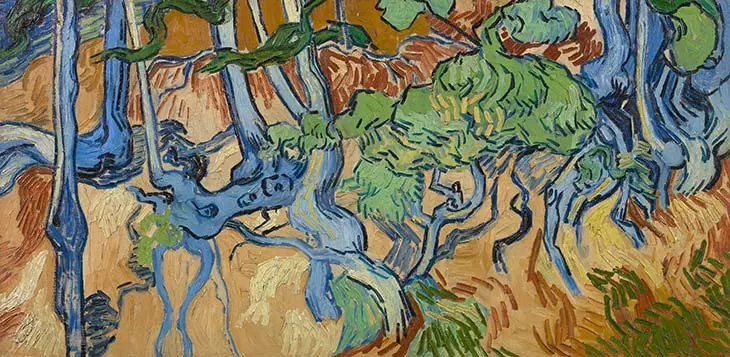 Van Gogh’un “Tree Roots” tablosu, soyutlamaya yaklaşan fırça kullanımı ve kıvrımlı kök yapısıyla sanatçının son dönem ruh halini yansıtan çarpıcı bir doğa yorumudur.