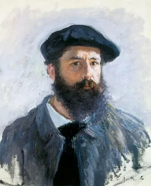 Claude Monet'nin siyah bereli ve gür sakallı otoportresi, belirgin fırça darbeleriyle.