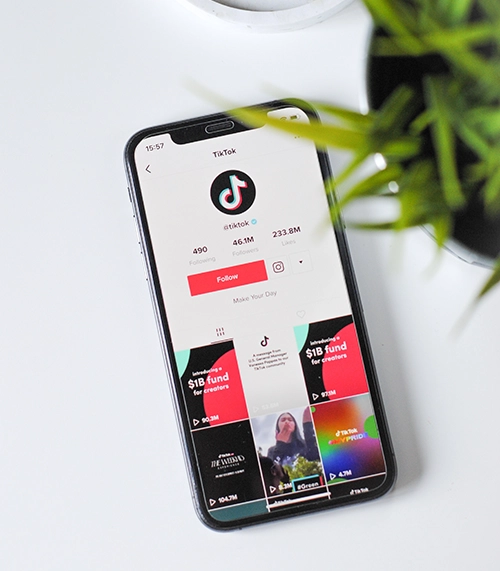 Bir akıllı telefon ekranında TikTok uygulamasının resmi hesabı açık şekilde görüntüleniyor. Profilde takipçi ve izlenme sayıları dikkat çekiyor