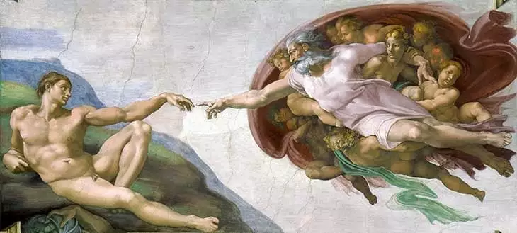 Michelangelo’nun Sistina Şapeli tavanında yer alan Adem’in Yaratılışı freski, Tanrı ve Adem’in parmaklarının buluşma anı.