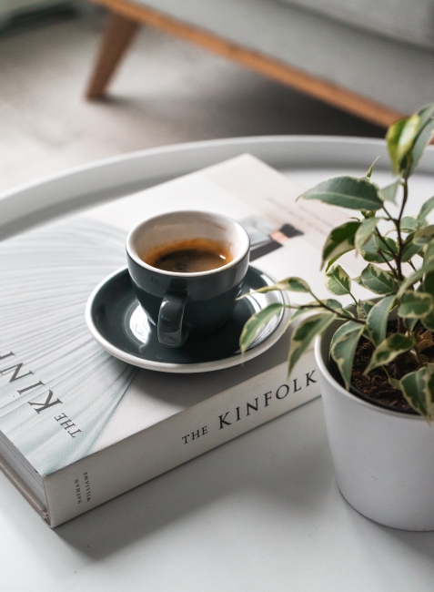 Beyaz bir tepsinin üzerinde duran, içinde kahve bulunan koyu gri espresso fincanı ve tabağı, yanındaki THE KINFOLK adlı kalın bir kitap ile beyaz saksıdaki yeşil yapraklı küçük bitki, sakin ve estetik bir ortam sunuyor.