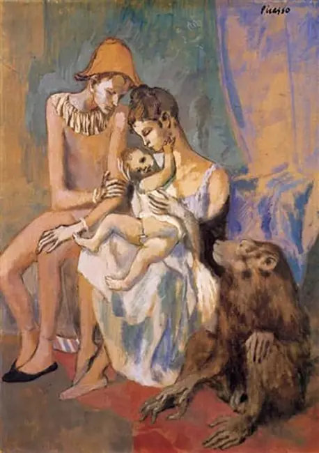 Pablo Picasso'nun Gül Dönemi'ne ait “Maymunlu Aile” tablosu; pastel tonlarda palyaço, kadın, çocuk ve maymun figürleriyle sirk temasını ve duygusal yakınlığı betimleyen eser.