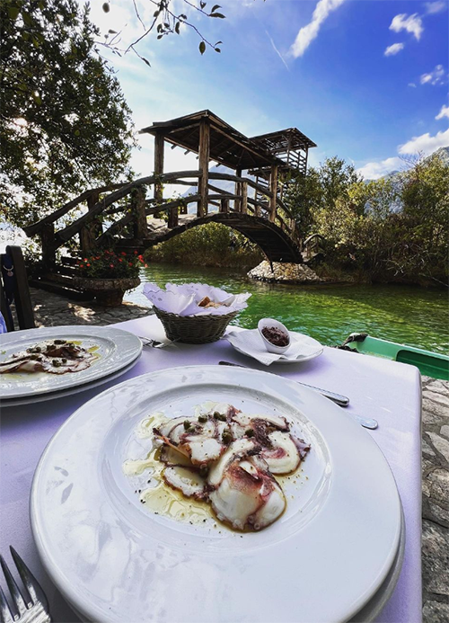 Bir restoranın açık hava masasında, Karadağ'ın doğal güzellikleriyle çevrili, yeşilimsi berrak suyun üzerindeki rustik ahşap bir köprünün önünde servis edilmiş zeytinyağlı ve kaparili lezzetli ahtapot carpaccio tabağı, Adriyatik'in bu cevheri Karadağ seyahat rehberinin keyifli gastronomik duraklarından Stari Mlini'deki huzurlu bir yemek anını gösteriyor.