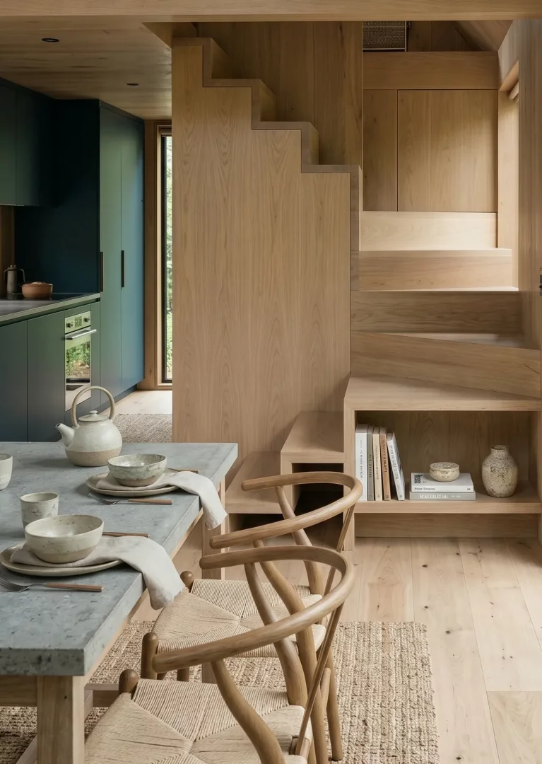 Lagom felsefesini yansıtan minimalist bir küçük ev iç mekanı; entegre raflı açık renk ahşap merdivenler, doğal seramik sofra takımlarıyla donatılmış bir yemek masası ve koyu yeşil mutfak dolapları modern bir dekorasyon önerisi sunuyor.
