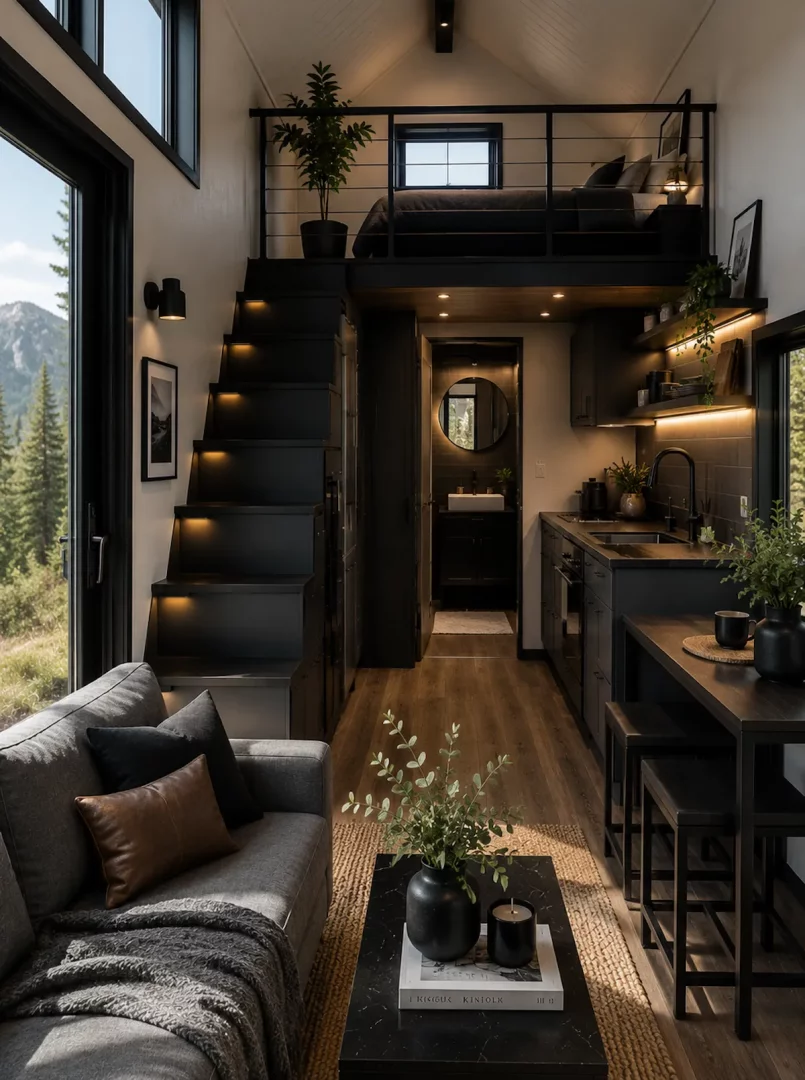 Modern bir tiny house iç mekanında, kademeli ışıklandırılmış koyu renkli merdivenlerle çıkılan yatak odası loftu ve altında modern mutfak ile yaşam alanı, dikey alanların akıllıca kullanıldığı şık bir dekorasyon önerisi sunuyor.