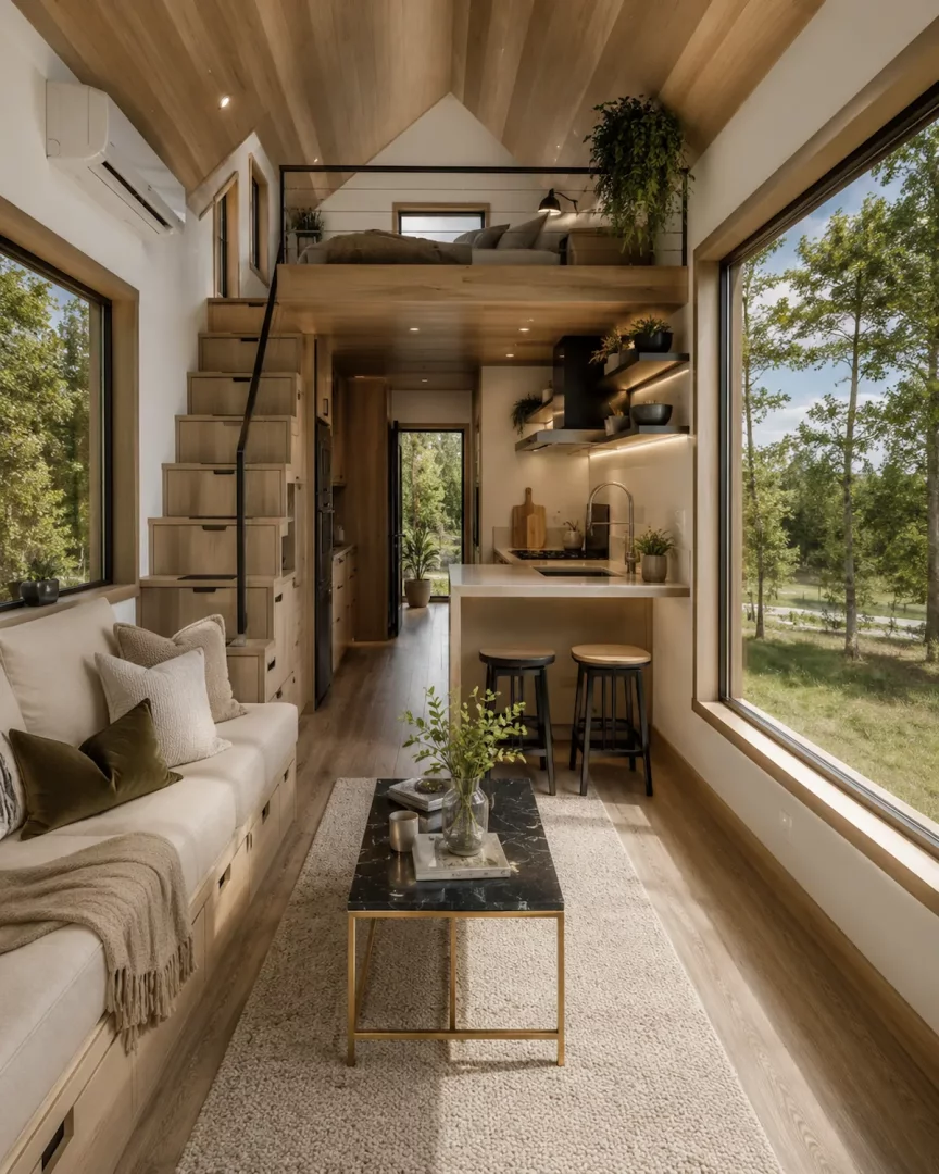 Doğal ahşap tonları ve sade çizgilerle modern bir tarzda dekore edilmiş, geniş pencerelerinden yemyeşil orman manzarasının içeri aktığı bu tiny house iç görünümünde, depolama alanlı merdivenlerle ulaşılan yatak odası loftu, rahat bir oturma köşesi ve şık mutfak alanı bir arada düşünülmüş.