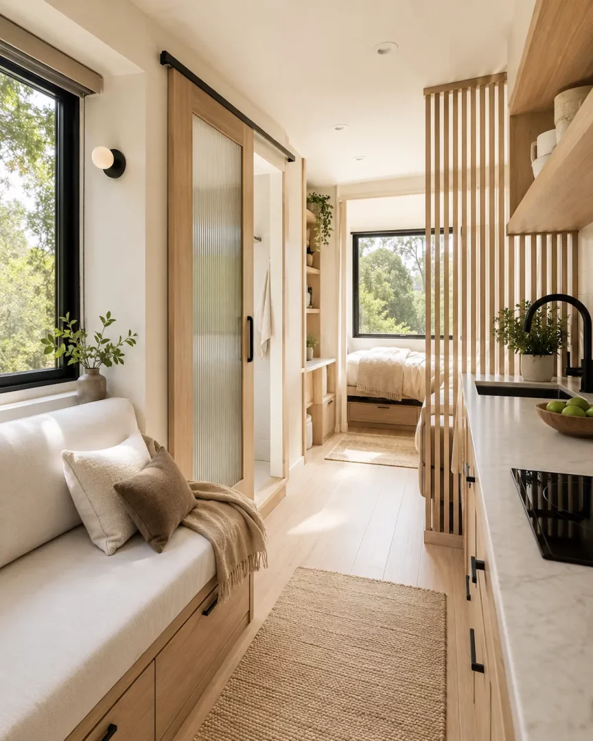 Açık renkli ahşap ve beyaz tonlarının hakim olduğu, ferah bir tiny house iç mekanı, solda minderli bir bank ve dışarıyı gösteren geniş bir pencere, sağda ise modern bir mutfak tezgahı yer alırken, banyoya açılan oluklu camlı şık bir kayar kapı ile yatak odasını ayıran estetik ahşap hafif bölücüler, küçük alanlar için ideal dekorasyon önerilerini sergiliyor.