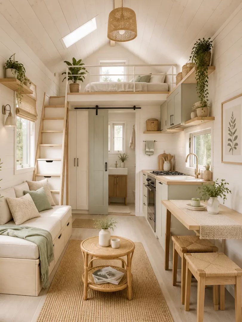 Açık renkler ve doğal dokularla tasarlanmış bu ferah tiny house dekorasyonunda, ışık alan bir loft yatak odası, ahşap merdivenli bir oturma alanı, açık yeşil dolaplı modern bir mutfak ve hasır detaylarla sıcak bir ambiyans oluşturulmuş.