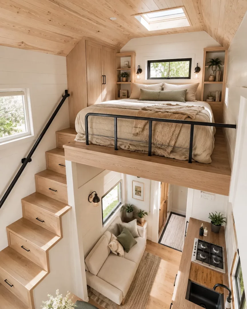 Ahşap detayların hakim olduğu modern bir tiny house dekorasyonunda, yukarıda doğal ışık alan asma kat yatak alanı, aşağıda depolama sağlayan çekmeceli merdivenler, krem rengi bir kanepe ve ahşap tezgahlı kompakt mutfakla birleşiyor.