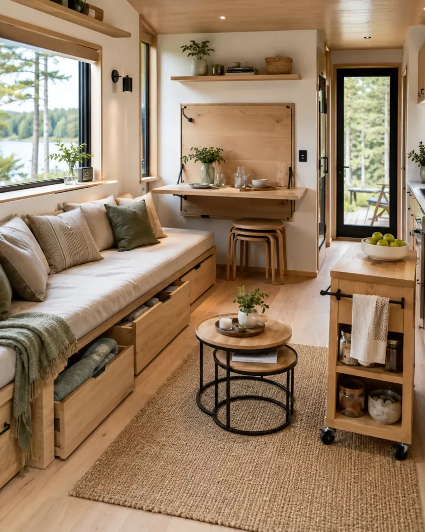 Aydınlık ve doğal tonlarda döşenmiş bir tiny house iç mekanında, depolama çekmeceli kanepe, duvara monte katlanabilir yemek masası ve iç içe geçen tabureler gibi çok amaçlı mobilyalarla akıllıca yerden tasarruf edilmiş; bu şık dekorasyonu büyük pencereden görünen göl manzarası tamamlıyor.