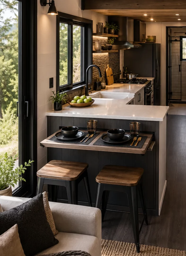 Modern bir tiny house mutfak tasarımı, yeşil elmalarla dolu bakır kase ile bezenmiş beyaz tezgahı, siyah armatürlü evyesi, taş görünümlü duvarı ve ağaç manzaralı geniş penceresiyle ferah bir atmosfer sunarken, önündeki iki kişilik ahşap tabureli yemek alanı bu küçük mekanı oldukça işlevsel kılıyor.