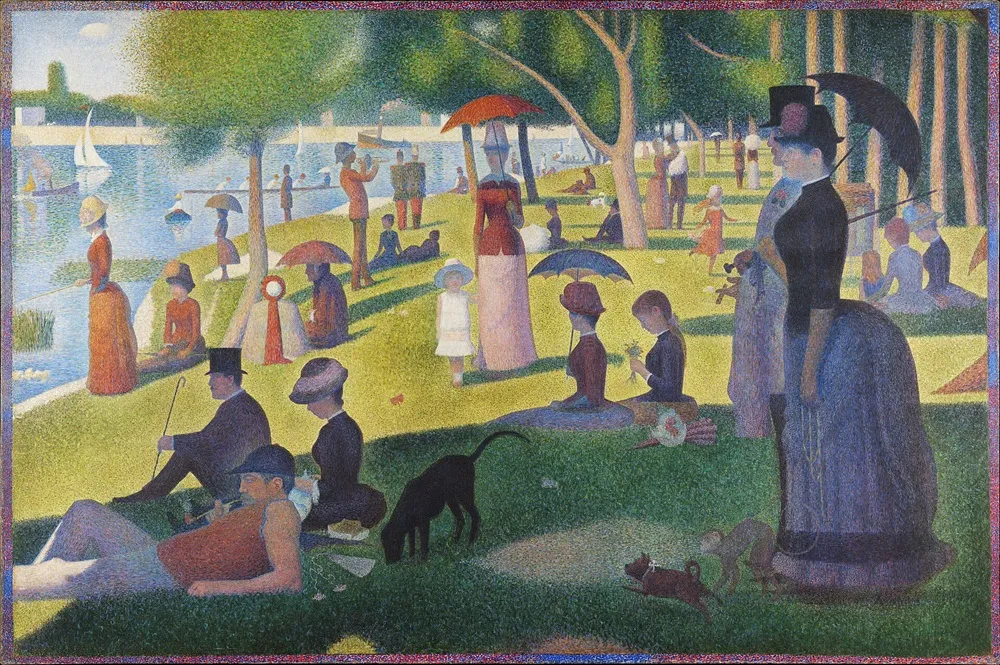 Georges Seurat'nın ünlü Büyük Jatte Adası'nda Bir Pazar Öğleden Sonrası tablosu, 1884'te tamamlanmış, güneşli bir pazar günü La Grande Jatte Adası'nda piknik yapan veya dinlenen şık giyimli insanları ve hayvanları, nehirdeki yelkenlileri ve yeşillikleri pointillist bir tarzda gösteriyor.