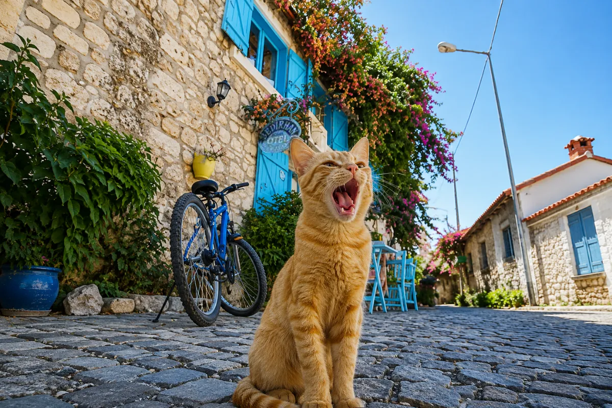 Alaçatı'nın Arnavut kaldırımlı bir sokağında, mavi panjurlu taş bir Bedirhan Otel binasının ve yemyeşil begonvillerin önünde keyifli bir esneme anında ağzı açık duran turuncu bir kedi, bu evcil hayvan dostu otelin sıcak atmosferini gözler önüne seriyor.