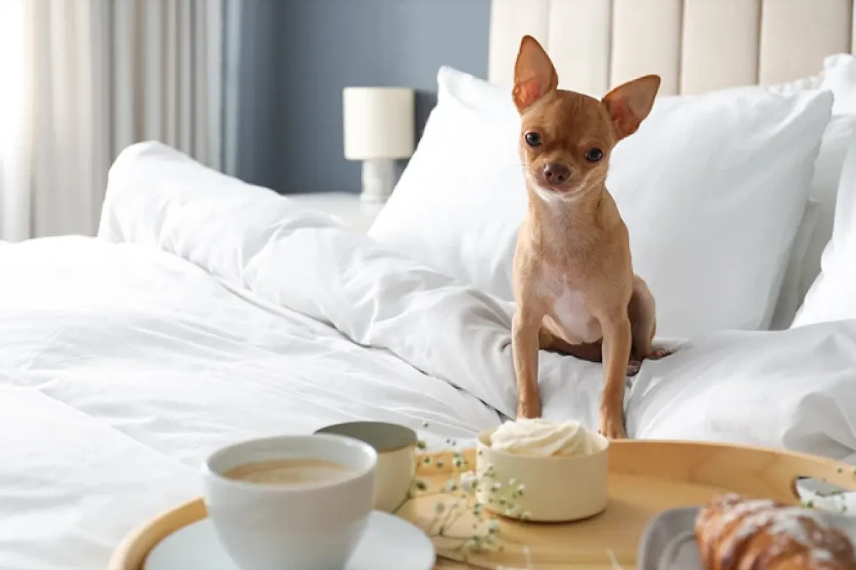 Antalya'daki evcil hayvan dostu bir otelde, beyaz nevresimli rahat bir yatakta dikkatle kameraya bakan sevimli kahverengi bir Chihuahua köpeği ve önünde ahşap bir tepside kahve, krema ve kruvasandan oluşan zengin bir kahvaltı görülüyor.