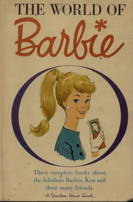 The World of Barbie kitabı kapağı; Barbie’nin Ken ile ilişkisini anlatan vintage çizim ve metinlerle nostaljik tasarım