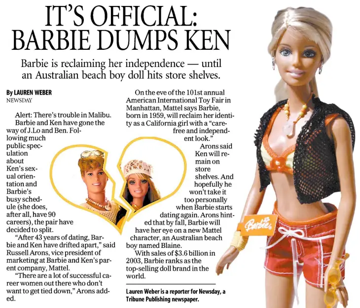 Barbie ve Ken’in ayrılığını duyuran 2004 tarihli gazete kupürü; Barbie’nin bağımsız kadın imajının vurgulandığı dönem