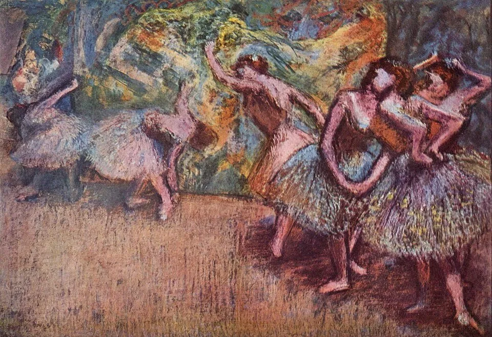 Edgar Degas'ın empresyonist tarzda pastel fırça darbeleriyle oluşturulmuş bu tablosunda, çeşitli dinamik pozlarda, kabarık tütüleriyle dans eden veya prova yapan bir grup balerin sahnenin loş ışığında hareketli ve zarif bir atmosfer sunuyor.