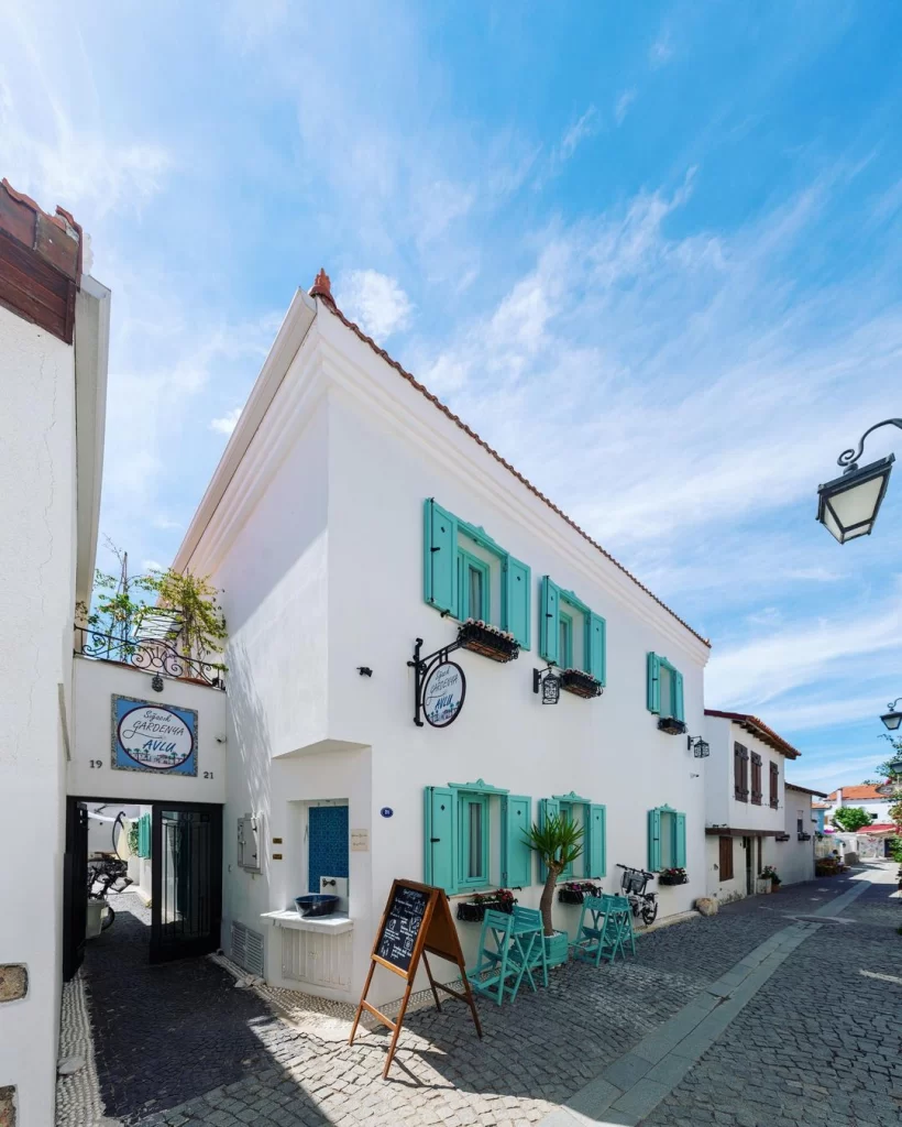 Güneşli bir günde, dar bir arnavut kaldırımlı sokakta konumlanmış, turkuaz panjurları ve çiçeklikleri olan beyaz cepheli Gardenya Butik Otel, önündeki küçük açık hava oturma alanı ve mavi gökyüzüyle Ege kasabalarını anımsatan şirin bir atmosfere sahiptir.