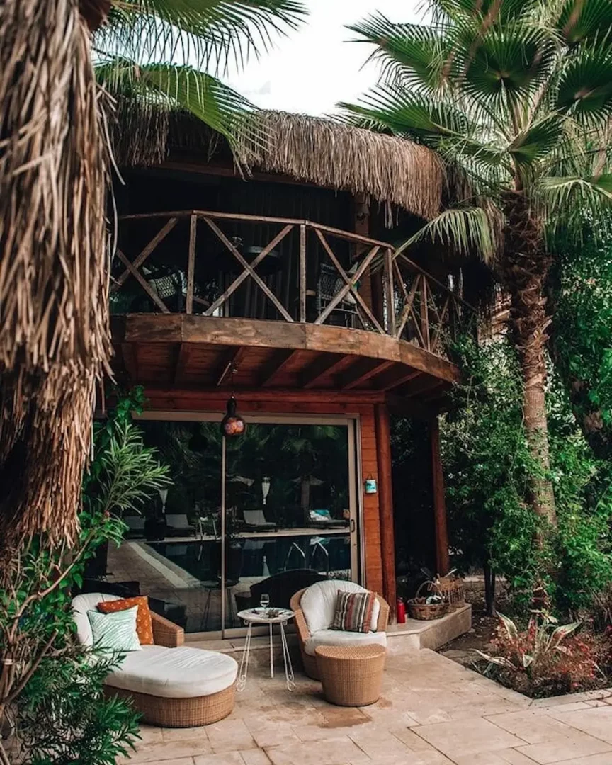 Yemyeşil tropikal bitki örtüsü ve palmiye ağaçları arasında yer alan, üst katında saz çatılı balkonu bulunan ahşap otel veya bungalovun önündeki taş verandada, rahat minderli bir şezlong ve rattan koltuk ile küçük bir sehpa, evcil hayvan dostu otel konseptine uygun huzurlu bir dinlenme alanı sunuyor.