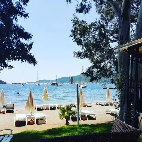 Güneşli bir günde, yeşil ağaçların çerçevelediği sakin Marmaris koyunda, beyaz şezlonglar ve şemsiyelerle donatılmış kumsalın hemen önünde, masmavi denizde demirlemiş birçok tekne ve yat görünüyor, huzurlu bir Marmaris tatili atmosferi sunuyor.