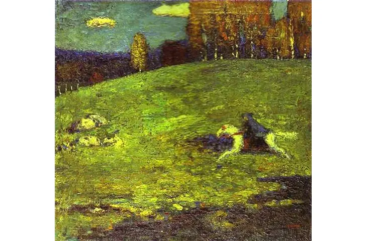 Wassily Kandinsky'nin bu eserinde, yoğun fırça darbeleriyle resmedilmiş, sonbahar tonlarındaki ağaçlarla çevrili yemyeşil tepelerin ve koyu mavi-yeşil bir gökyüzünün altında ilerleyen, sarı ve koyu renkli bir atlı figürün canlı ve etkileyici bir manzara tasviri görülmektedir.