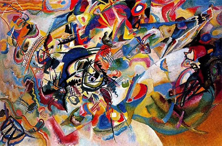 Bu Wassily Kandinsky eserinde, canlı mavi, kırmızı, sarı ve siyah renklerdeki keskin çizgiler, geometrik formlar ve akışkan lekeler dinamik bir kompozisyonda iç içe geçerek soyut bir enerji yayıyor.
