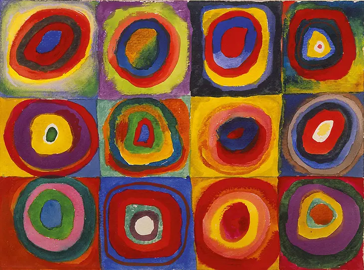 Wassily Kandinsky'nin eserleri arasında yer alan bu soyut çalışmada, 3x4'lük bir düzenlemeyle on iki ayrı kare içinde, canlı kırmızı, mavi, sarı, yeşil ve mor tonlarında iç içe geçmiş daireler ve oval formlar dikkat çekiyor.