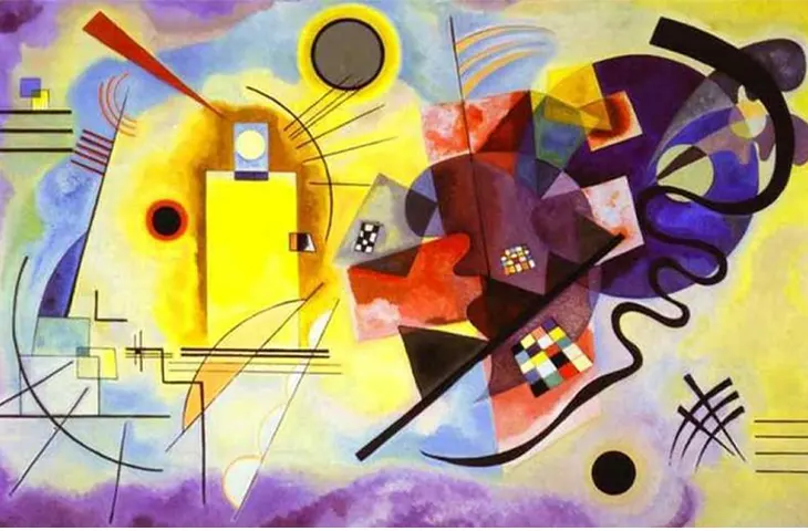 Bir Wassily Kandinsky eseri olan bu soyut tablo, ortasında parlak sarı, etrafında mor, mavi ve kırmızı tonların hakim olduğu, çeşitli geometrik ve organik şekillerin, keskin çizgilerin ve kıvrımlı formların dinamik bir kompozisyonunu sergiliyor.