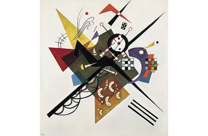 Wassily Kandinsky'nin karakteristik soyut eserleri arasında yer alan bu dinamik tabloda, beyaz bir zemin üzerinde kalın siyah çapraz çizgiler, parlak sarı ve kırmızı üçgenler, mor kavisli bir şekil, ortasında saat benzeri detaylara sahip siyah beyaz bir daire ve küçük benekli formlar içeren çeşitli geometrik şekillerin karmaşık bir kompozisyonu görülüyor.