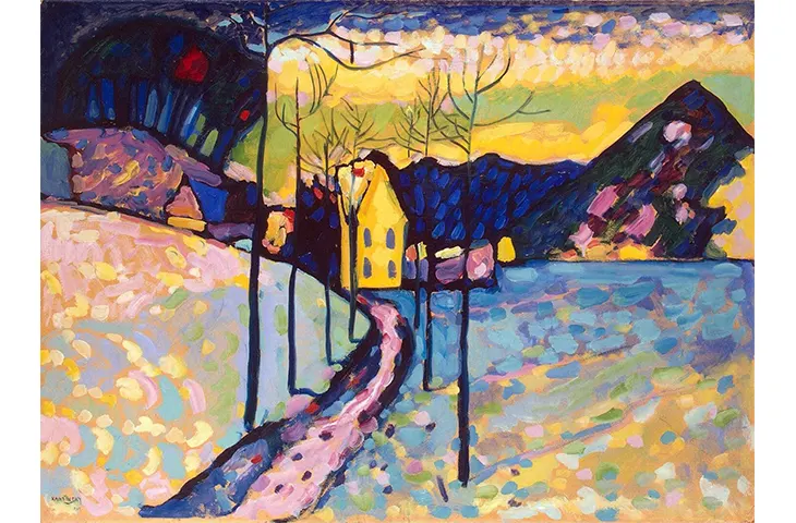 Wassily Kandinsky'nin renkli bir peyzaj eseri olan bu tabloda, ortada sarı bir ev, etrafında ince dallı ağaçlar, mor tepeler, mavi bir su birikintisi ve kıvrımlı pembe bir yol, canlı fırça darbeleriyle resmedilmiş, sanatçının eserleri arasında dikkat çekiyor.