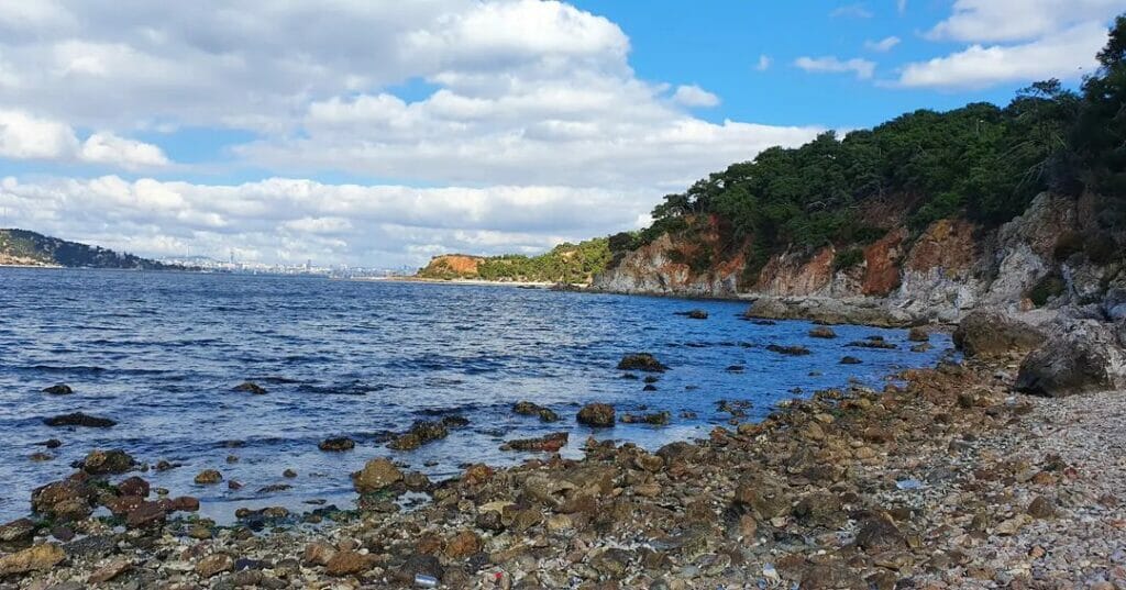 Burgazada'nın kayalık kıyısından çekilmiş bu geniş açılı görselde, masmavi denizin yüzeyine dağılmış irili ufaklı taşlar, sağda çam ağaçlarıyla kaplı dik yamaçlar ve uzakta belirginleşen şehir silueti, parçalı bulutlu bir gökyüzünün altında dingin bir atmosfer sunuyor.