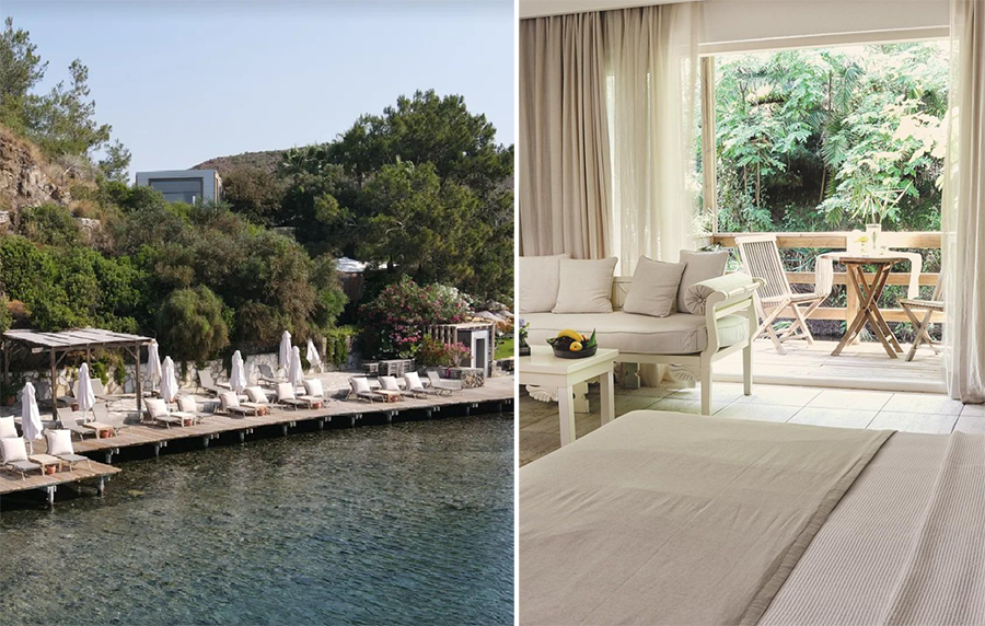Marmaris Seyahat Rehberi için ideal bir konaklama seçeneği olan Golden Key Bördübet otelinde, yemyeşil doğanın ve berrak denizin iç içe geçtiği özel iskele ve şezlong alanının yanı sıra, orman manzaralı balkonu olan aydınlık ve zarif bir oda görülüyor, bu görüntü Marmaris'in sakin ve lüks tatil atmosferini yansıtıyor.