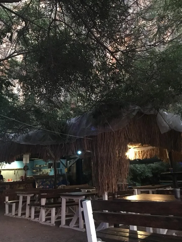 Kelebekler Vadisi'nin doğal güzellikleri içinde, sık ağaç dalları ve hasır bir çatıyla gölgelenmiş, ahşap masa ve bankların bulunduğu rustik bir açık hava restoranı veya kafe alanı, loş ışıklarıyla misafirlerini ağırlıyor.