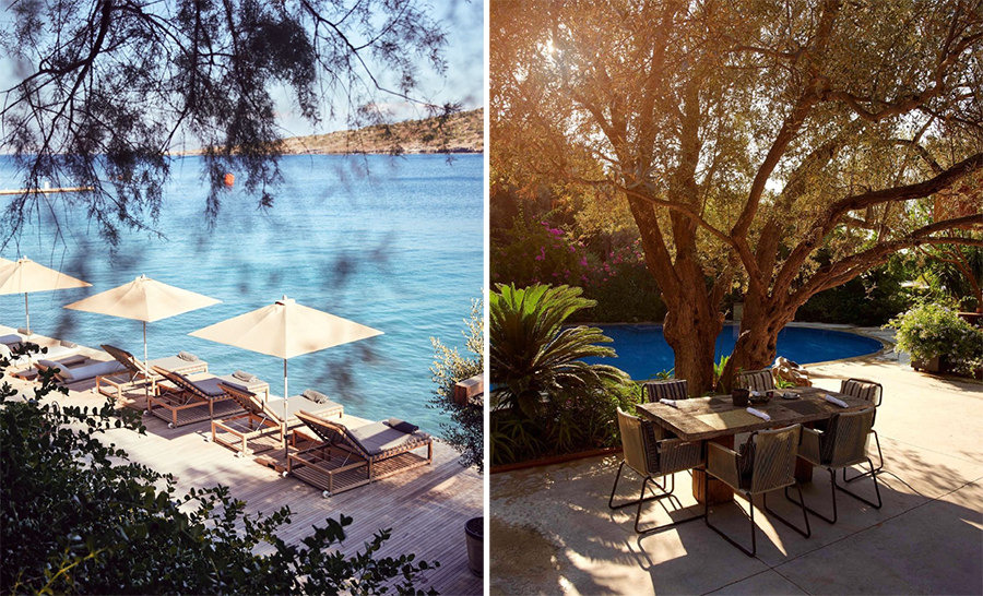 Bodrum'un eşsiz güzelliklerini yansıtan bu geniş görselde, sol tarafta berrak Ege sularına nazır ahşap bir iskelede sıralanmış şemsiyeli şezlonglar huzurlu bir dinlenme alanı sunarken, sağ tarafta yemyeşil ağaçların ve canlı begonvillerin gölgesinde bir havuz kenarı yemek masası, Bodrum'un en iyi otellerinden birinde lüks ve doğayla iç içe bir tatil atmosferini gözler önüne seriyor.