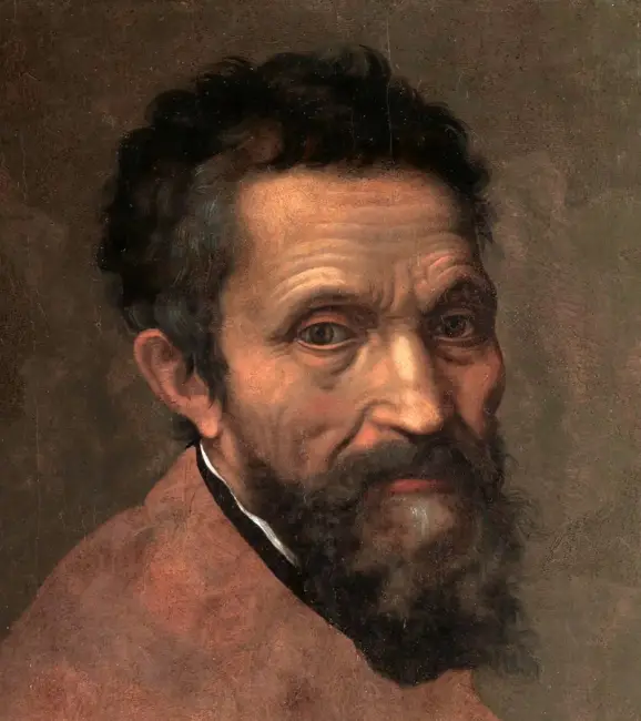 Michelangelo Buonarroti'nin hayatı ve eserleri hakkında bir yazıya eşlik eden bu yağlıboya portre, sanatçının kırışık yüzünü, gür koyu renk sakalını ve derin bakışlarını kahverengi bir arka plan önünde, omuzlarının üzerinden bakarken gösteriyor.