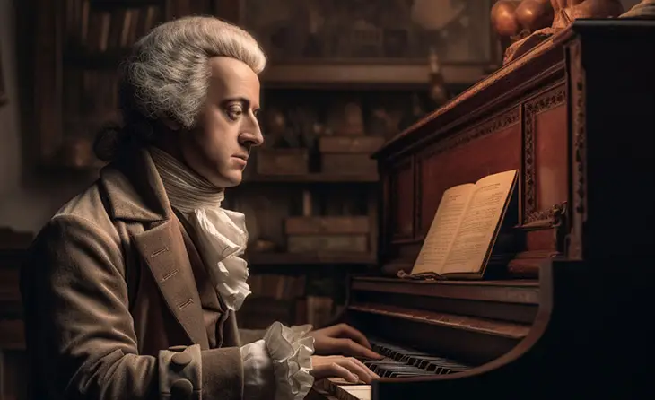 Mozart piyano çalarken, dahi bestecinin müzik yaratım anı.