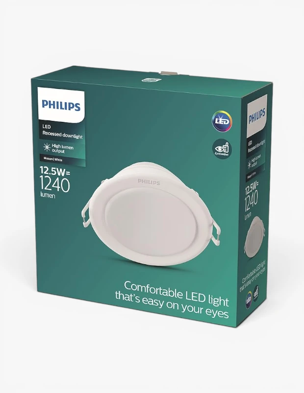 Beyaz bir arka plan üzerinde yer alan, Philips LED gömme spot lamba ürününün turkuaz renkli kutusu ile birlikte, göz konforu sağlayan ve 12.5W gücünde 1240 lümen parlaklık sunan beyaz renkli yuvarlak bir LED armatür dikkat çekiyor.