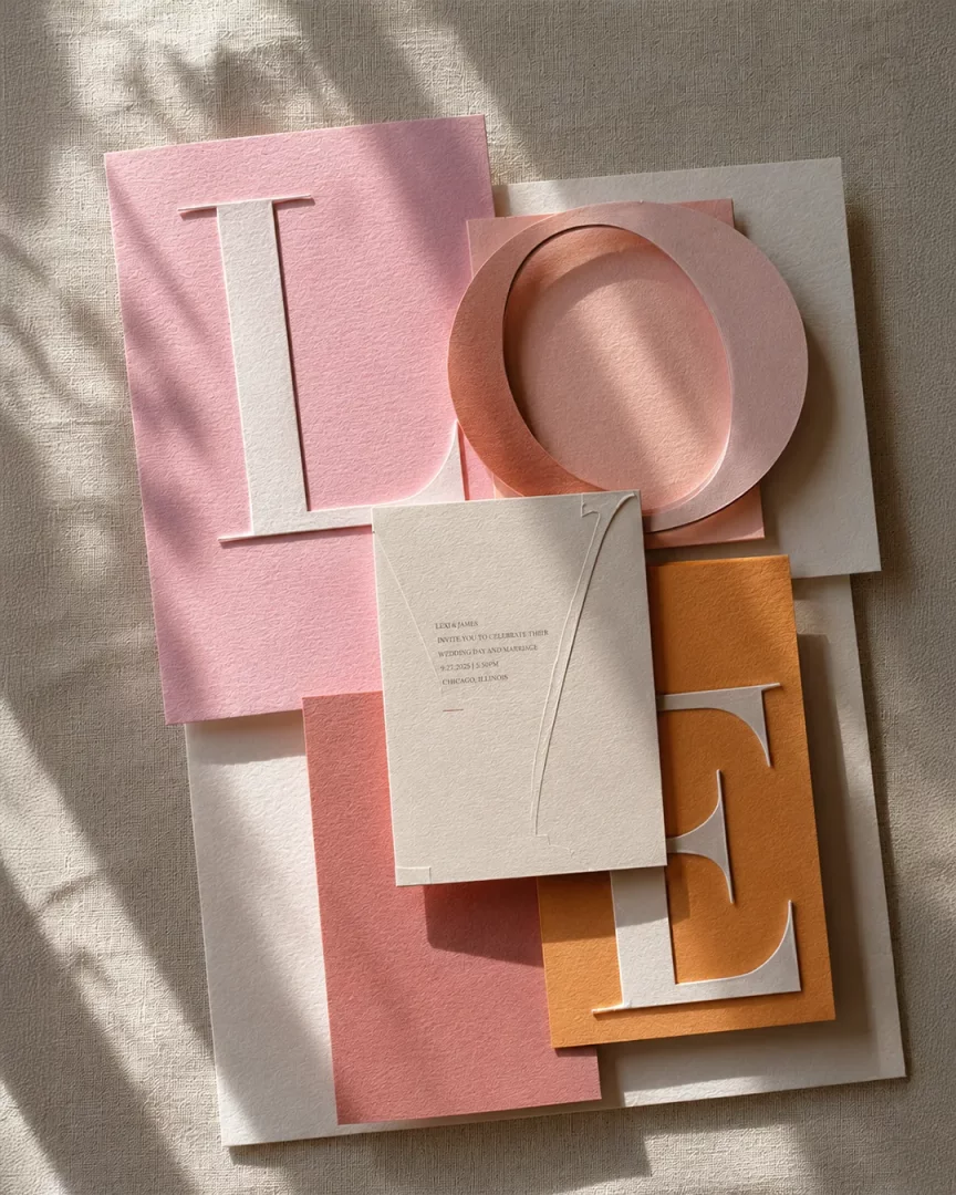 Güneş ışınlarının nazikçe aydınlattığı keten dokulu bir zeminde, pembe, şeftali ve turuncu tonlarındaki kartların büyük kesme harflerle LOVE kelimesini oluşturduğu, üzerinde düğün davetiyesi metni bulunan zarif, katmanlı bir davetiye ve editoryal tipografi düzenlemesi görülüyor.