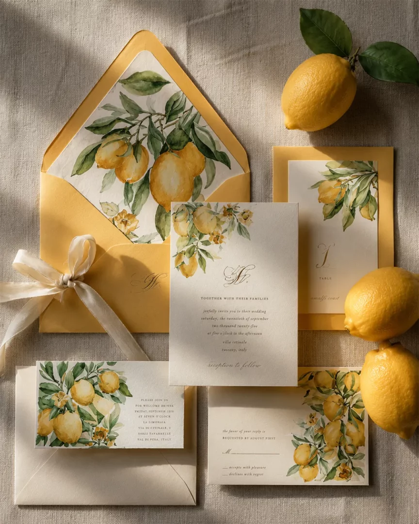 Tereyağ sarısı ve krem tonlarındaki düğün davetiyeleri, canlı limon ve yeşil yaprak suluboya çizimleriyle zarifçe süslenmiş olup, açık bir zarf, ana davetiye, RSVP kartı ve birkaç taze limonla birlikte şık bir masa düzeninde sergileniyor.
