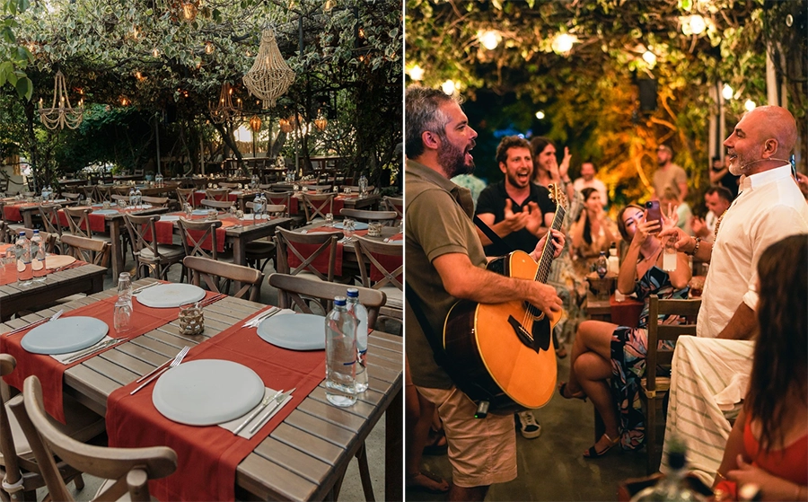 Bodrum'un en iyi restoranlarından birinin iki farklı yüzünü yansıtan bu yan yana fotoğraflarda, solda asma ağaçları altındaki boş ahşap masalar, sağda ise gitar çalan bir sanatçı ve coşkulu misafirlerle canlı müzik eşliğinde renklenen eğlenceli bir akşam yemeği atmosferi betimleniyor.