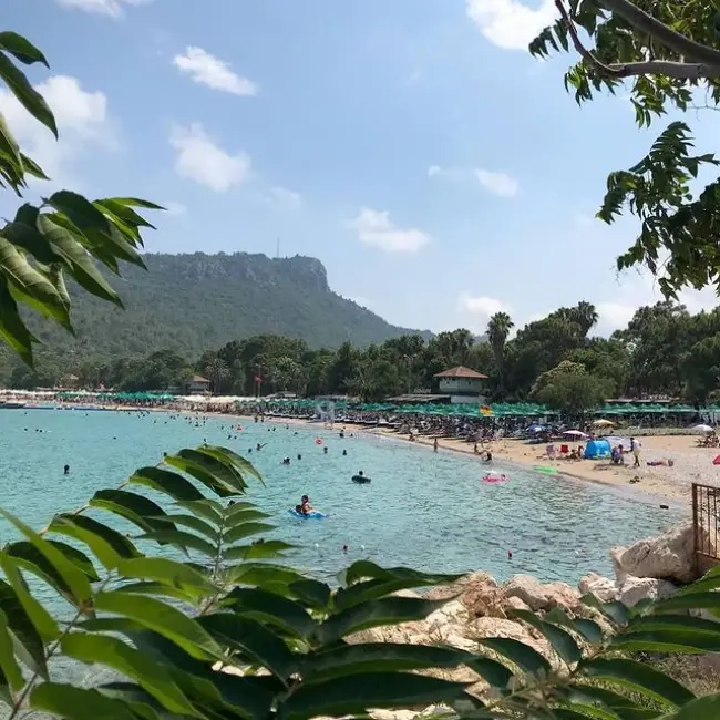 Antalya'nın Kemer ilçesindeki Ay Işığı Plajı'nda, turkuaz sularında yüzen birçok insanın, yeşil şemsiyelerin altında güneşlenenlerin ve arkada yükselen çam ağaçlarıyla kaplı dağların olduğu, güneşli bir günün keyfinin çıkarıldığı bu güzel plaj manzarası.