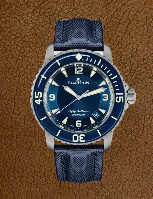 Blancpain Fifty Fathoms modeli, mavi kadranlı ve 300 metre su geçirmezlik özelliğine sahip lüks dalgıç saati