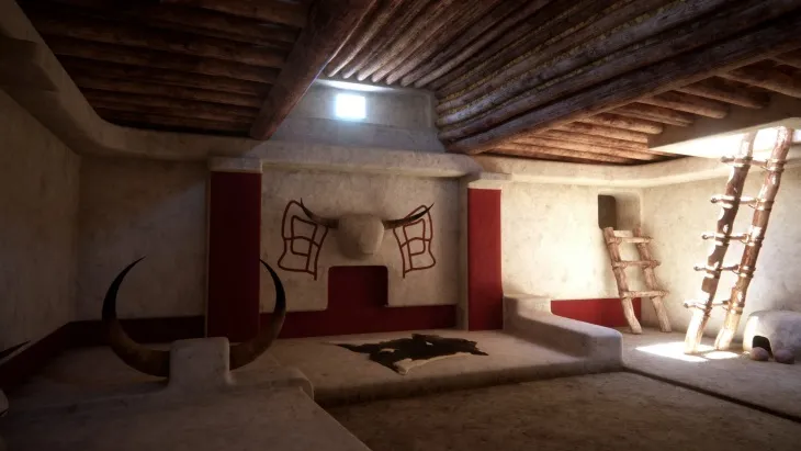 Çatalhöyük’te yeniden canlandırılmış Neolitik ev içi, ahşap tavan kirişleri, merdiven ve boğa boynuzlarıyla süslenmiş duvar.